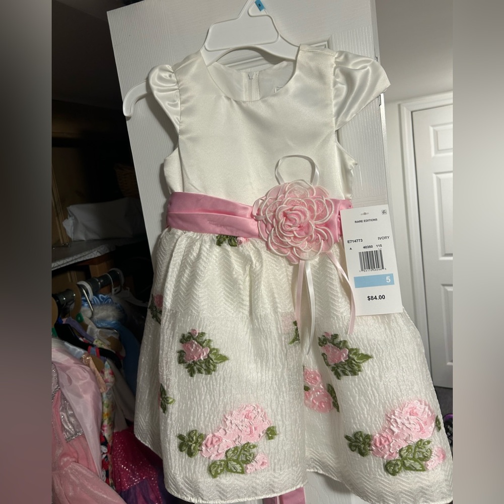 Rare Editions Satin White Dress with Pink Floral Accents
